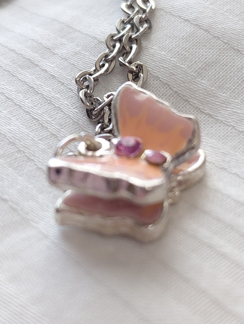 Silver Pink Butterfly Necklace Rhinestone - Picture 3 of 5